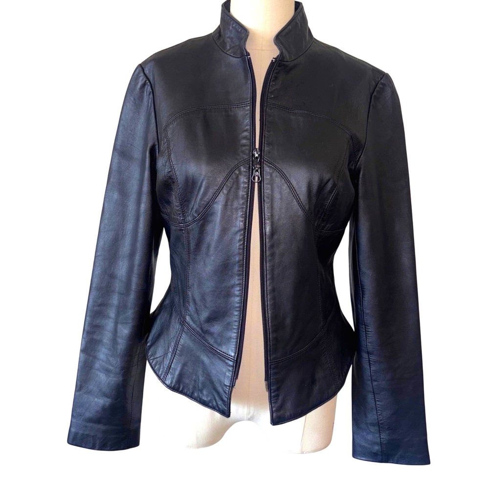 Y2k Wet Seal Black Lambskin Leather Jacket Moto Mockneck Double zip S/M